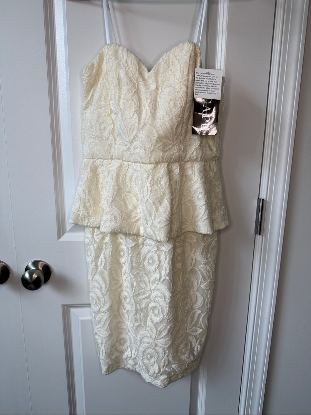 Xscape Ivory Strapless Lace Peplum Dress